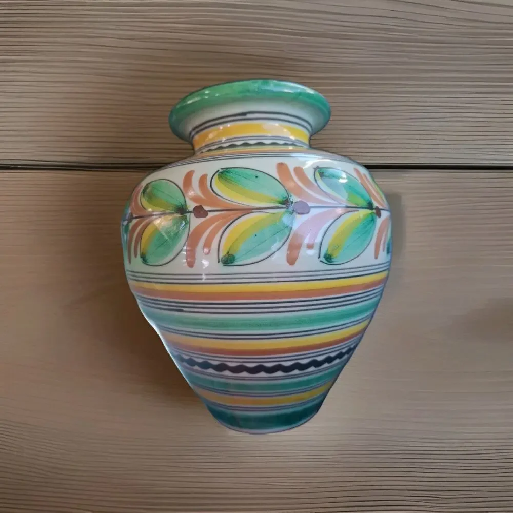 VTG Handmade & Painted Pottery Vase Floral Stripes Vines 9.5 Signed Numbered